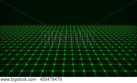 Technology Perspective Grid Background. Digital Space Wireframe Landscape. Green Mesh On A Black Bac