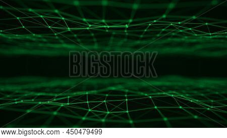 Digital Technology Double Wave. Dark Cyberspace With Blue Motion Dots And Lines. Futuristic Digital 