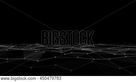 Digital Technology Black Wave. Dark Cyberspace With Motion Dots And Lines. Futuristic Digital Backgr