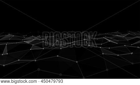 Digital Technology Black Wave. Dark Cyberspace With Motion Dots And Lines. Futuristic Digital Backgr