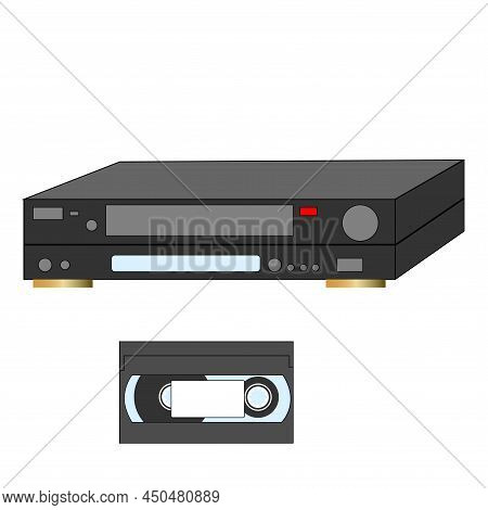 An Analog Vcr And Videotape Next To It Isolated By A White Background.
