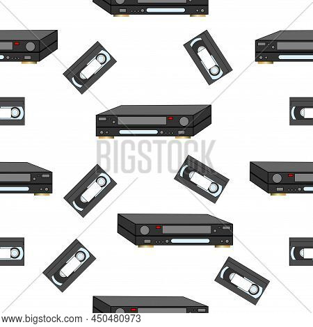 An Analog Vcr And Videotape On A White Background. Seamless Vector Illustration.
