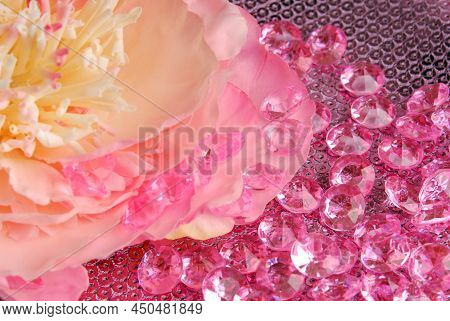 Close Up Pnk Diamonds On Pink Texture With Accessories
