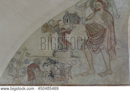 Donor With A Church Model Kneeling On Front Of John The Baptist, An Ancient Fresco On The East Wall 
