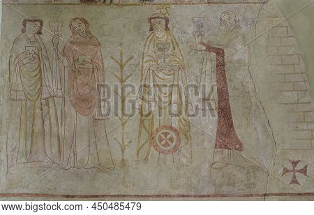 An Old Fresco From The 1300s Depicting Monks Drinking From Goblets In Orslev Church, Denmark, August