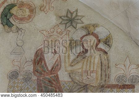 Medieval Fresco From The 1300s Depicting The Coronation Of The Virgin On The East Wall In Oerslev Ch