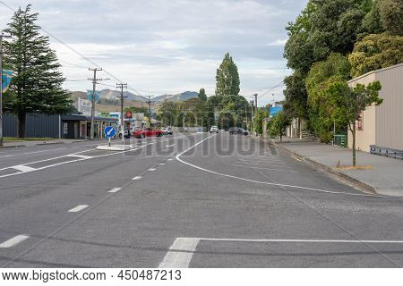 Tolaga Bay New Zealand - February 6 2022; State Highway 35 And Buildings Through Small Town New Zeal