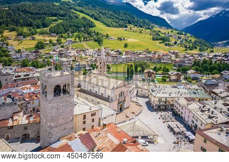 Town Of Bormio In Dolomites Alps Histoic Center View, Province Of Sondrio, Lombardy, Italy
