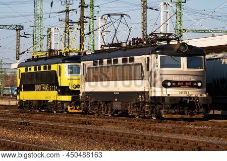 Budapest, Hungary - February 28, 2021: International Train Transportation. Locomotive Train At Stati
