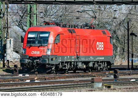 Budapest, Hungary - March 13, 2021: International Train Transportation. Locomotive Train At Station.