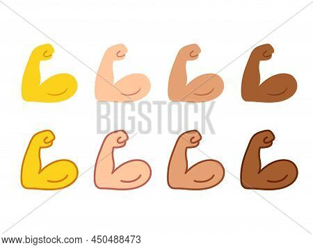 Flexed Bicep Emoji Icon Set. Strong Arm Symbol In Two Styles, Outlined And Flat Cartoon. Different S