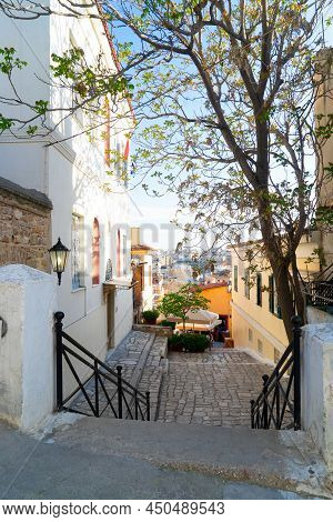 Small Cosy Street With Steep Stairs Of Famous Placa District In Athens, Greece