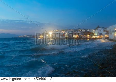 Lettle Venice Waterfront At Mykonos Illuminated Island At Night, Greece