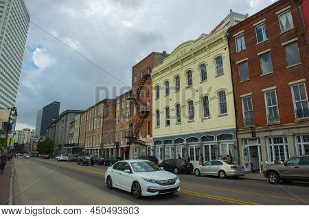 New Orleans - May. 28, 2017: Historic Commercial Buildings At 233 N Peters Street Between Bienville 