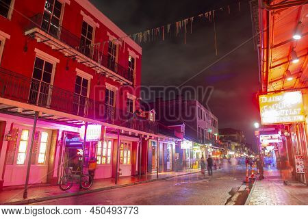 New Orleans - Jun. 1, 2017: Historic Commercial Buildings At Night On Bourbon Street Near Iberville 