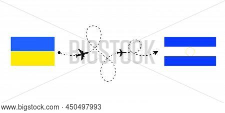Flight And Travel From Ukraine To El Salvador By Passenger Airplane. Airplane Route And Country Flag