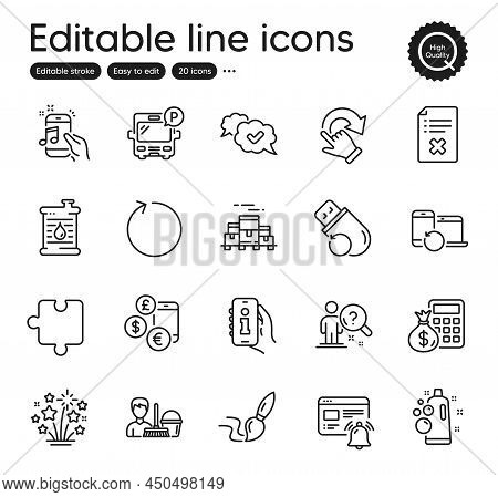 Set Of Business Outline Icons. Contains Icons As Currency Rate, Finance Calculator And Recovery Devi