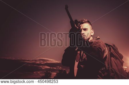 Barrel Of A Gun. Hunter With Shotgun Gun On Hunt. Hunter With Powerful Rifle With Scope Spotting Ani