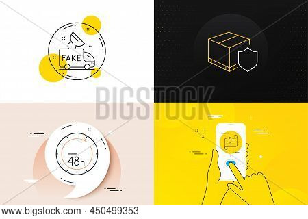 Minimal Set Of Map, Delivery Insurance And Fake News Line Icons. Phone Screen, Quote Banners. 48 Hou