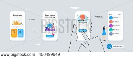 Lock, Chemistry Experiment And Smile Line Icons For Website, Printing. Phone Ui Interface. Collectio