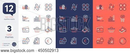 Set Of Vip Shopping, Card And Dollar Rate Line Icons. Include Shop Cart, Horizontal Chart, Euro Mone