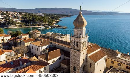 Aerial View Of Historic Adriatic Town Of Krk , Island Of Krk, Kvarner Bay Of Adriatic Sea, Croatia, 