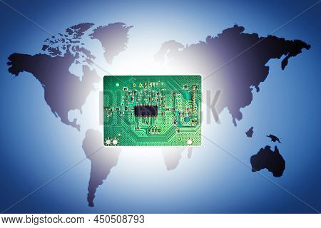 Electronic Circuit Board On  World Map Background. Concept Of Production Of Electronics Microchip, M