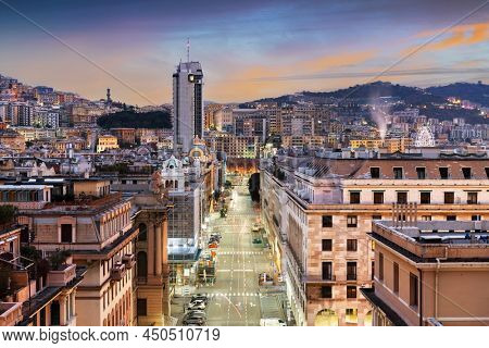 Genoa, Italy cityscape at dusk over Brigata Liguria Street.