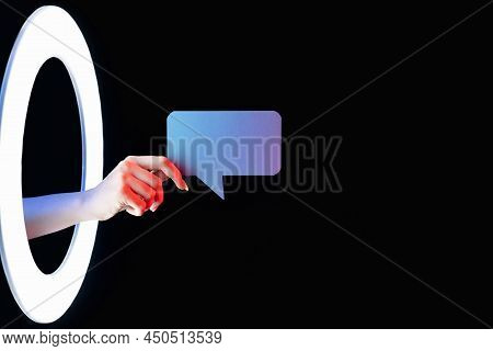 Future Message. Dialogue Icon. Futuristic Virtual Communication. Female Hand Holding Blue Blank Chat