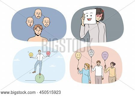 Set Of Diverse People With Different Emptions Suffer From Bipolar Disorder Or Mood Swing. Collection
