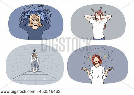 Set Of Unhappy Stressed Women Feel Despair Suffer From Depression Or Mental Breakdown. Collection Of