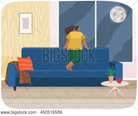 Girl Standing Next To Windowsill And Looking At Moon Outside Window. Female Character Spends Time At