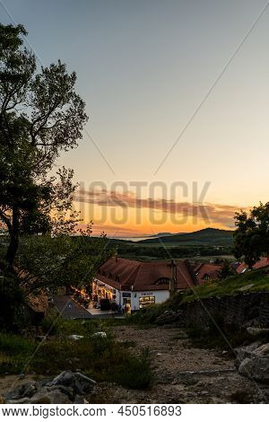 Tihany, Hungary - August 27, 2021: Old Town Buildings In The Center Of Tihany Town, Hungary. Dusk At