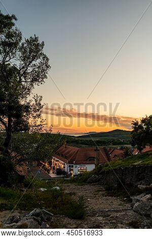 Tihany, Hungary - August 27, 2021: Old Town Buildings In The Center Of Tihany Town, Hungary. Dusk At