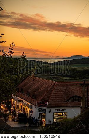 Tihany, Hungary - August 27, 2021: Old Town Buildings In The Center Of Tihany Town, Hungary. Dusk At