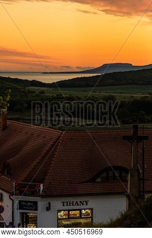 Tihany, Hungary - August 27, 2021: Old Town Buildings In The Center Of Tihany Town, Hungary. Dusk At