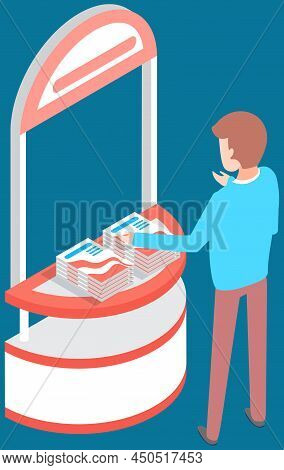 Man Looks At Presentation Stand With Product Catalogs. Advertising Company, Promotion, Distribution 