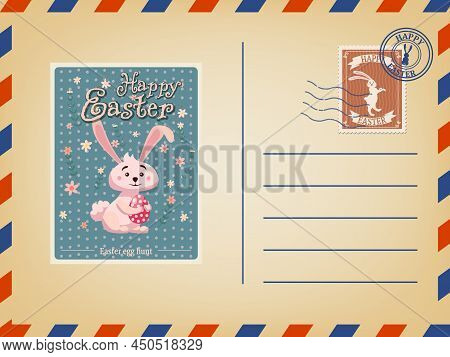 Easter Envelope Paper Mail With A Easter Bunny, Stamp, Vintage. Vector Illustration