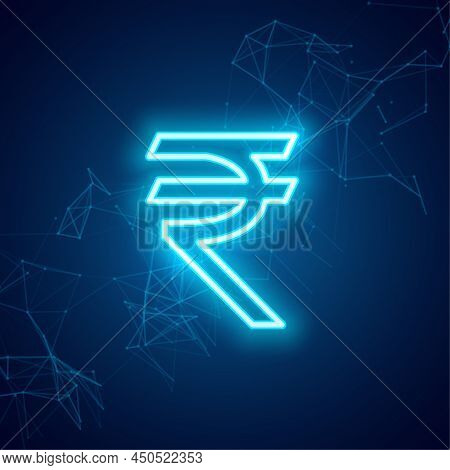 Rupee Symbol In Blue Neon Glowing Light Effect