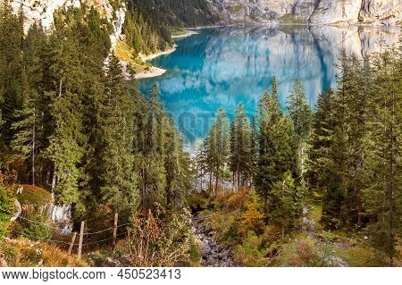 Oeschinensee Lake In Switzerland In Autumn, Lamdscape Photography, Crystalic Blue Water, Trees