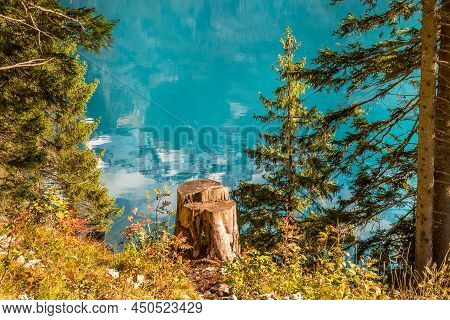 Oeschinensee Lake In Switzerland In Autumn, Lamdscape Photography, Crystalic Blue Water, Trees