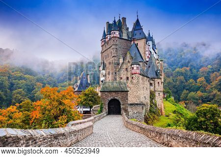 Eltz Castle Or Burg Eltz. Medieval Castle On The Hills Above The Moselle River. Rhineland-palatinate