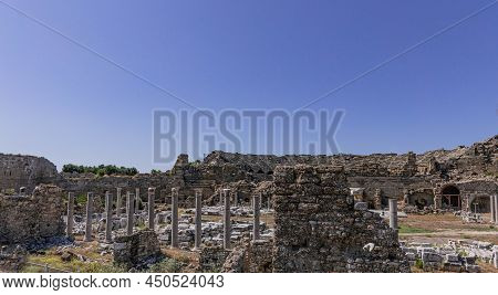Panoramic View Of The Ruins Of Ticaret Agora In Side, Turkey
