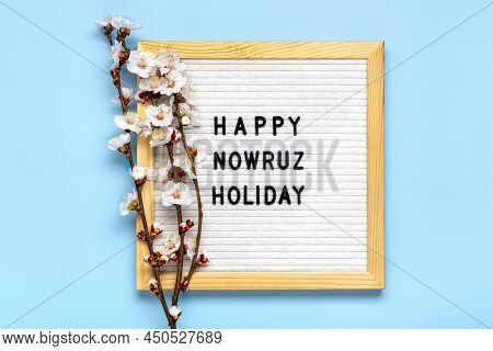 Sprigs Of The Apricot Tree With Flowers And Text Happy Nowruz Holiday Concept Of Spring Came Top Vie
