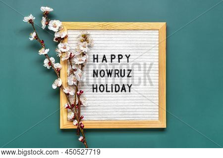 Sprigs Of The Apricot Tree With Flowers And Text Happy Nowruz Holiday Concept Of Spring Came Top Vie