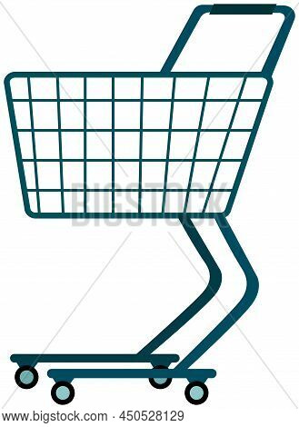 Side View Empty Supermarket Shopping Trolley. Grocery Cart On Wheels With Handle To Hold. Device For