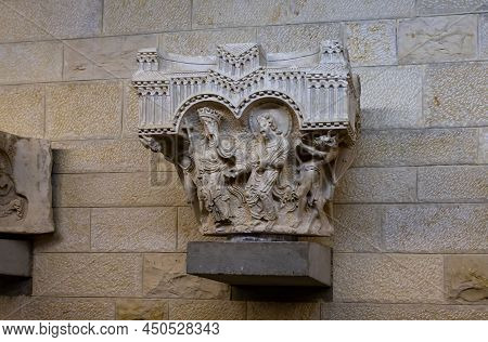 Nazareth, Israel, February 12, 2022 : Decorative Stone Carving On A Well-preserved Top Of A Byzantin