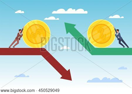 Decline And Growth Of Investments. Stock Market Exchange Rate, Businessman Buying Or Selling Dollar 