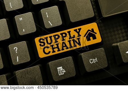 Text Sign Showing Supply Chain. Business Showcase Network Between A Company And Suppliers In Produci