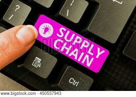 Text Sign Showing Supply Chain. Conceptual Photo Network Between A Company And Suppliers In Producin